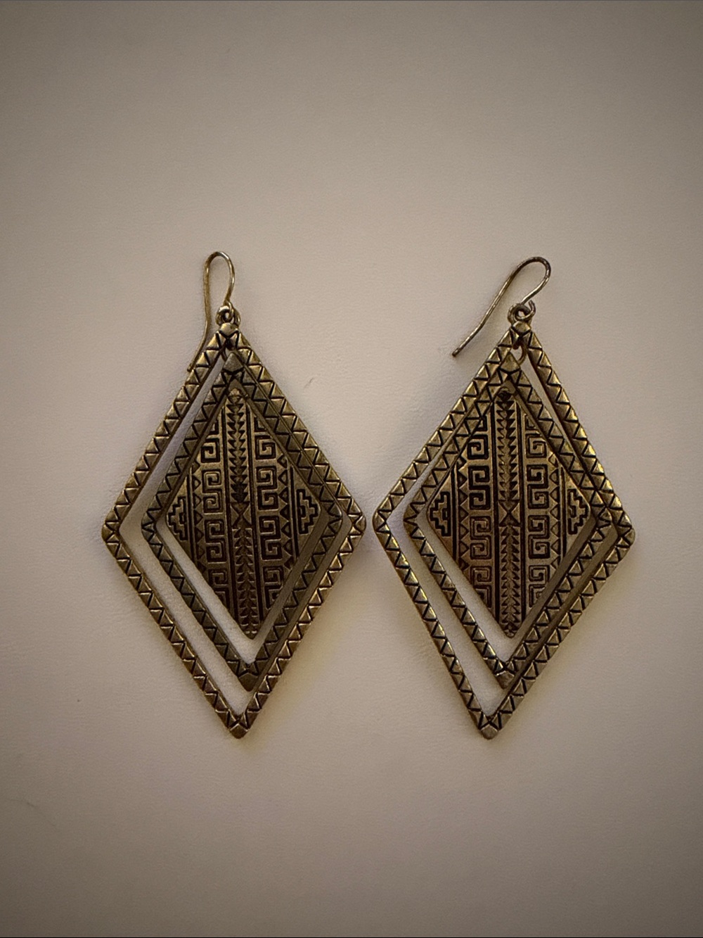Geometric Double Diamond Drop Earrings - Antique Gold Tone